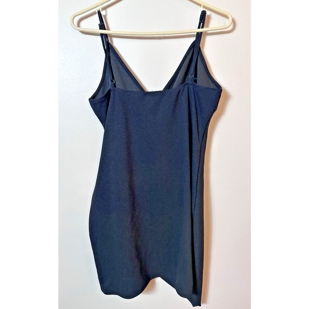 Black Faux Wrap Mini Slip Dress XL Y2K 90s Strappy Bodycon Cami Club Draped LBD - Picture 3 of 9